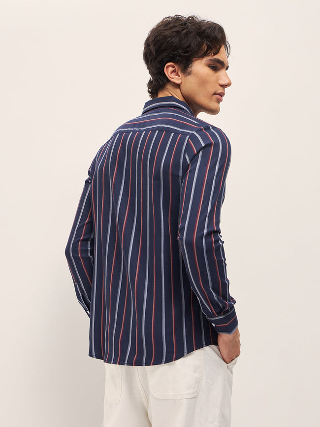 Men Blue Stripes Slim Fit Casual Shirt