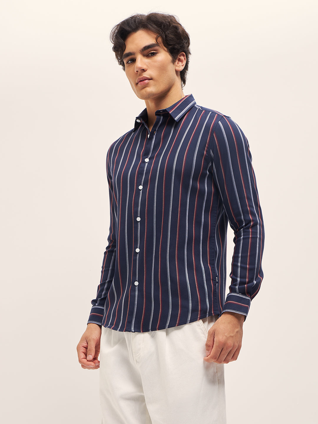 Men Blue Stripes Slim Fit Casual Shirt
