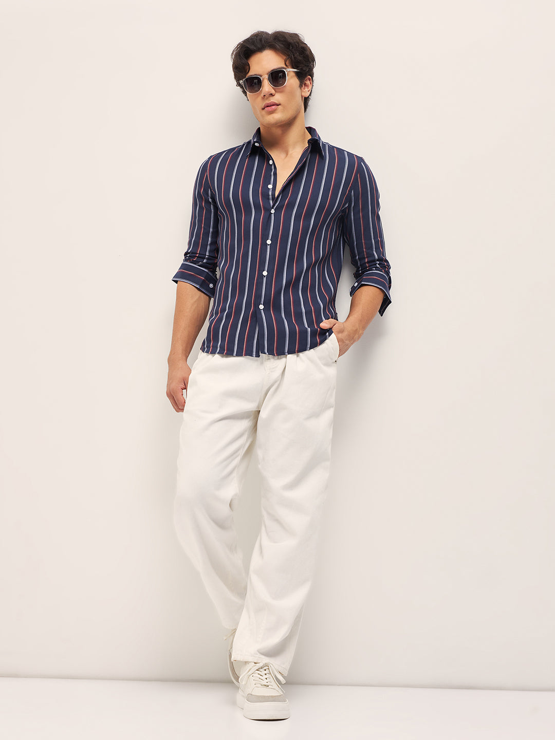 Men Blue Stripes Slim Fit Casual Shirt
