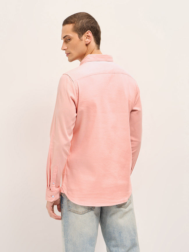 Men Peach Solid Cotton Blend Slim Fit Casual Shirt