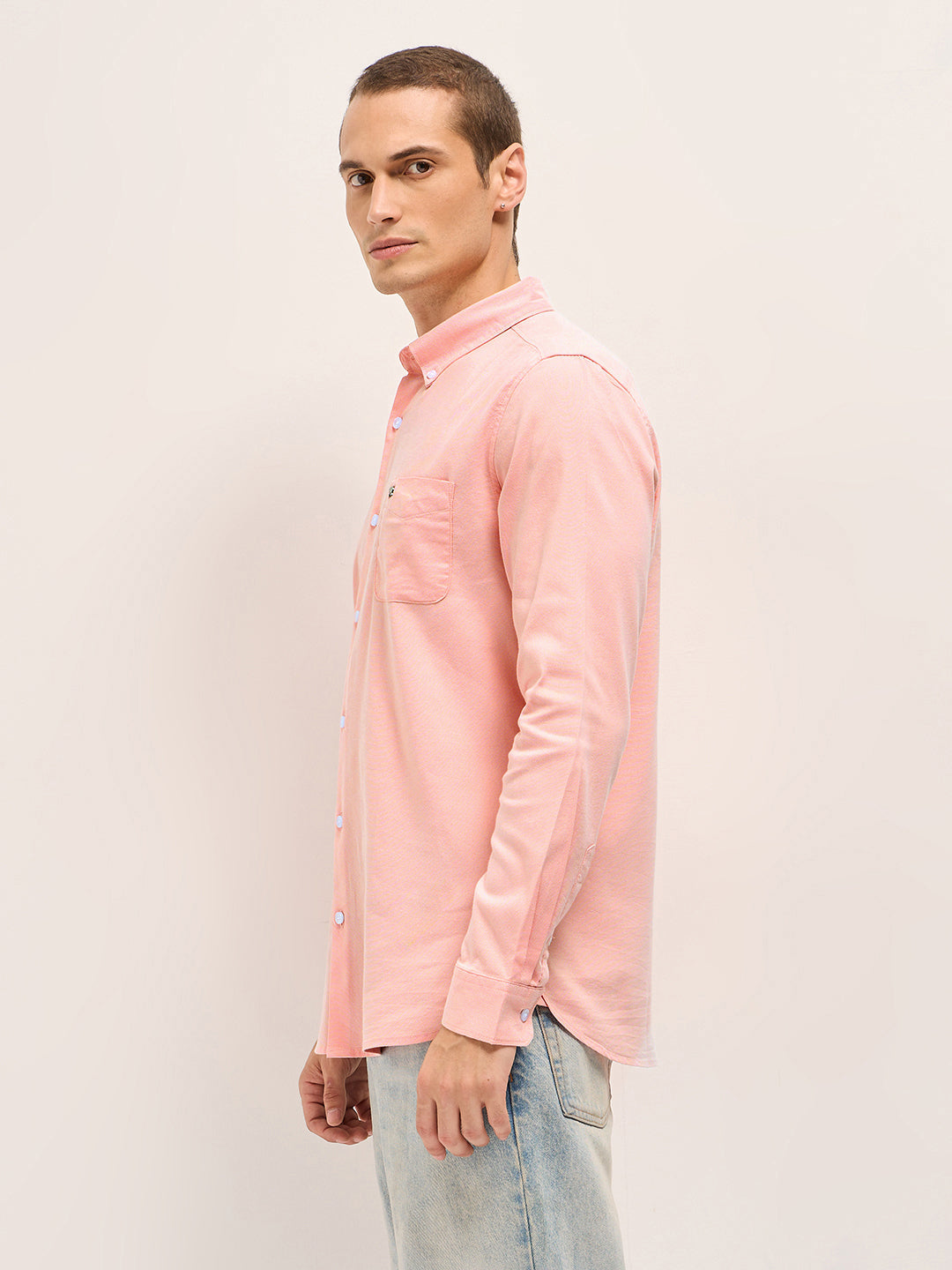Men Peach Solid Cotton Blend Slim Fit Casual Shirt