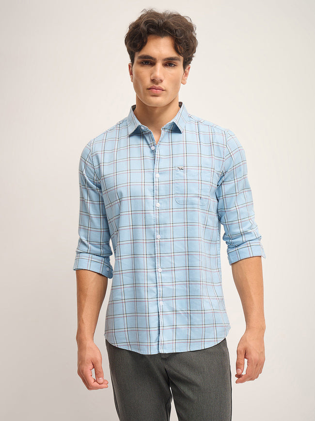 Men Light Blue Checked Slim Fit Casual Shirt