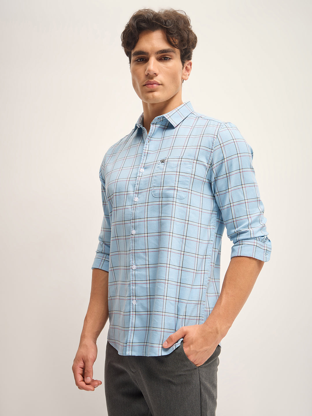Men Light Blue Checked Slim Fit Casual Shirt