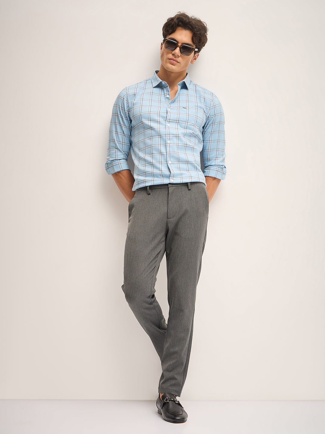 Men Light Blue Checked Slim Fit Casual Shirt