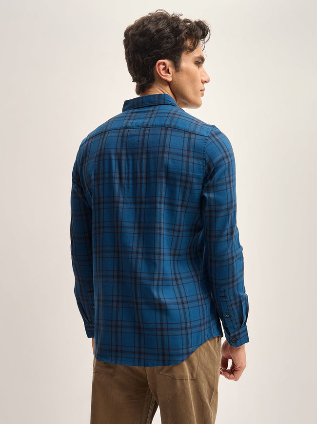 Men Blue Checked Slim Fit Casual Shirt
