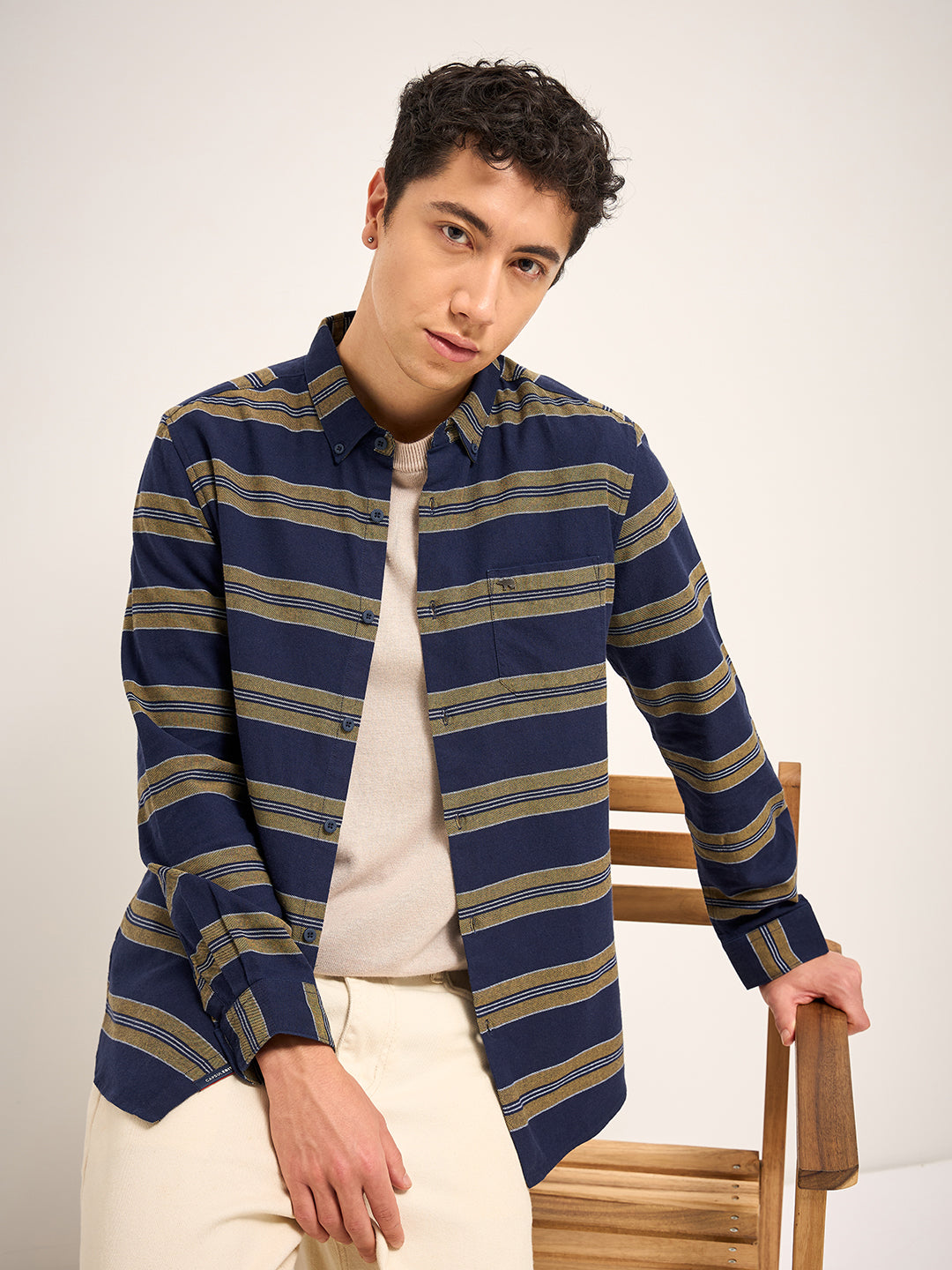 Men Navy Stripe Slim Fit Casual Shirt