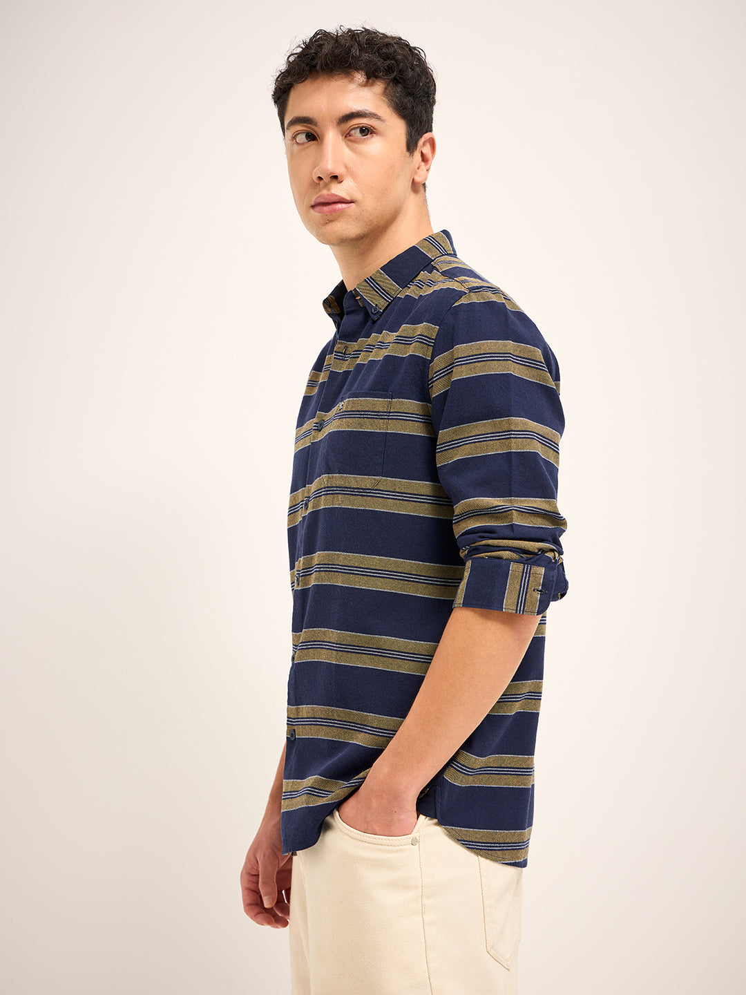 Men Navy Stripe Slim Fit Casual Shirt