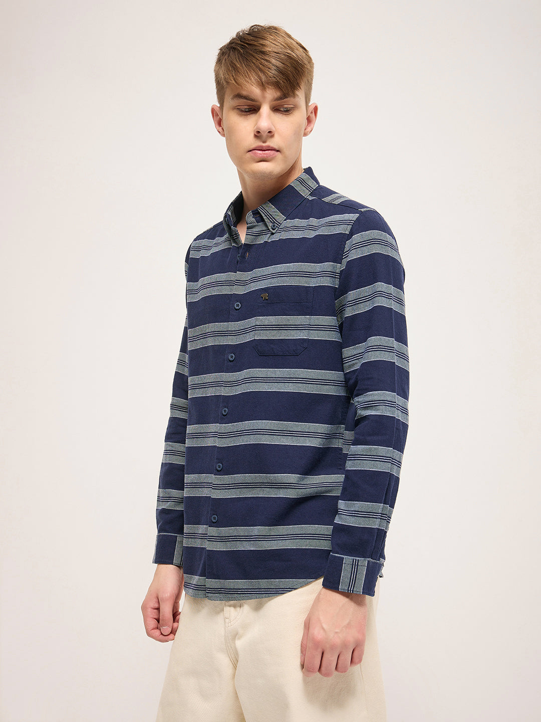 Men Navy Stripe Slim Fit Casual Shirt