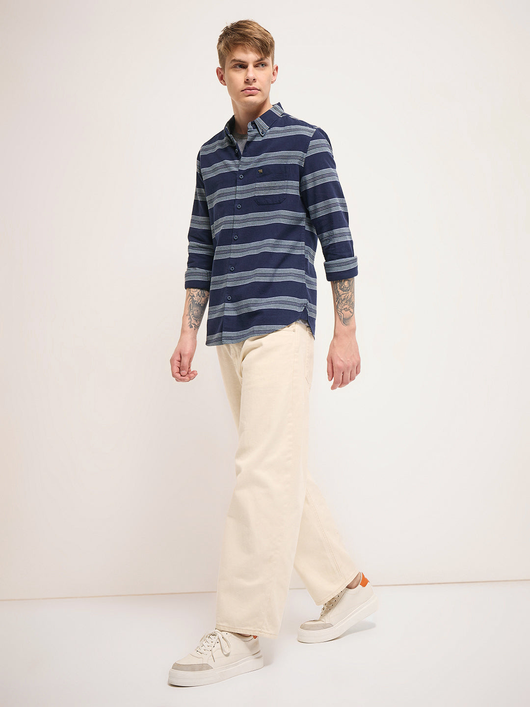 Men Navy Stripe Slim Fit Casual Shirt