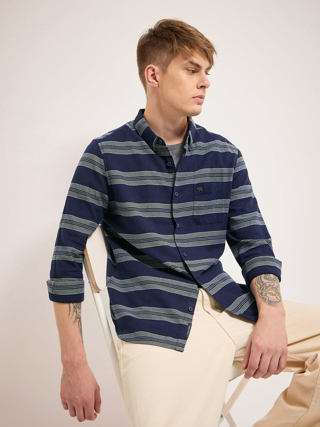 Men Navy Stripe Slim Fit Casual Shirt