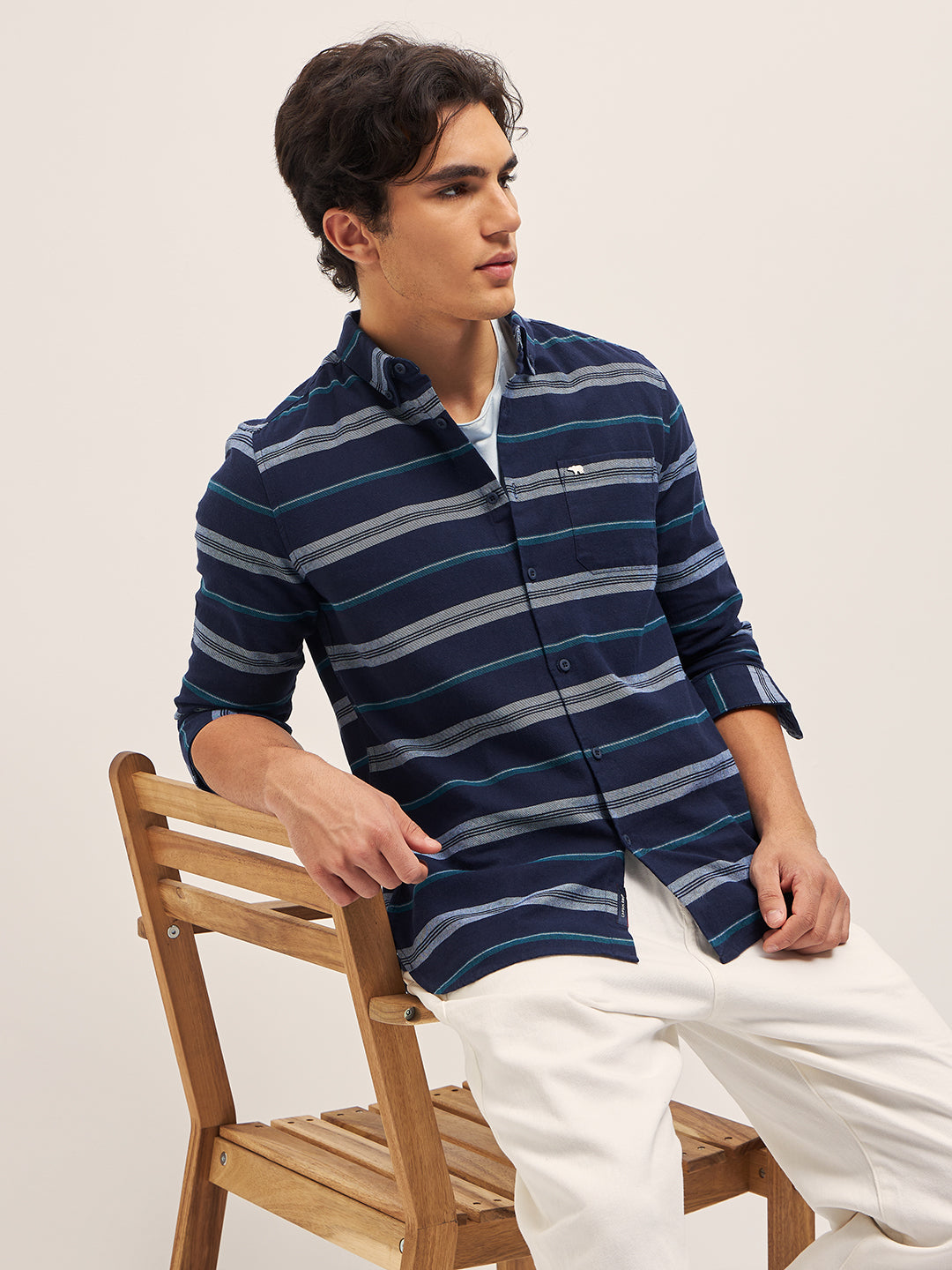 Men Navy Stripe Slim Fit Casual Shirt