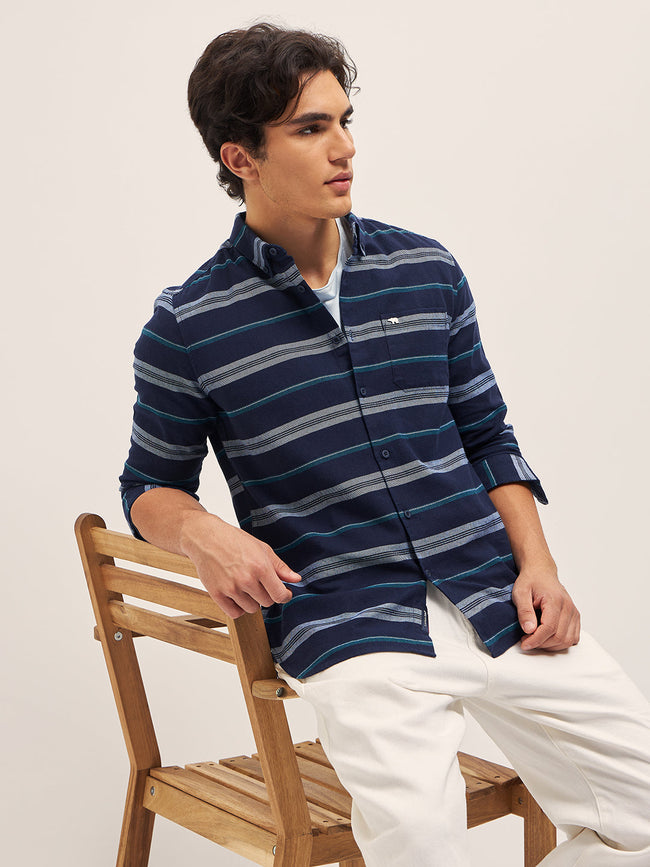 Men Navy Stripe Slim Fit Casual Shirt