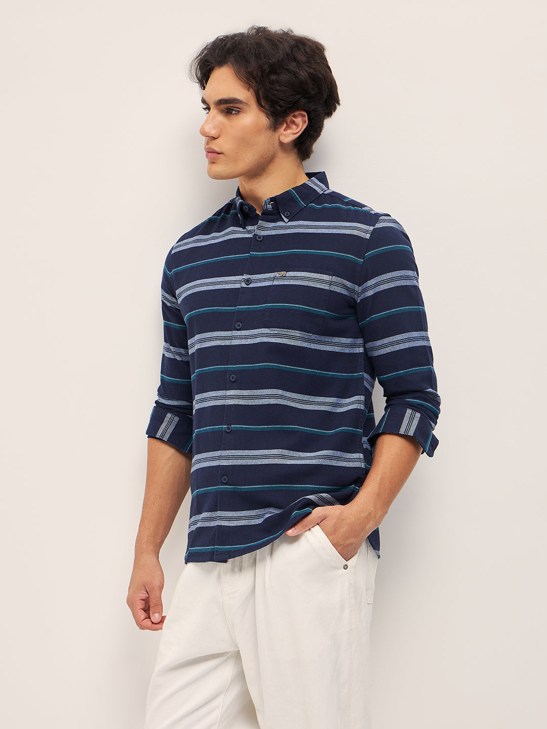 Men Navy Stripe Slim Fit Casual Shirt