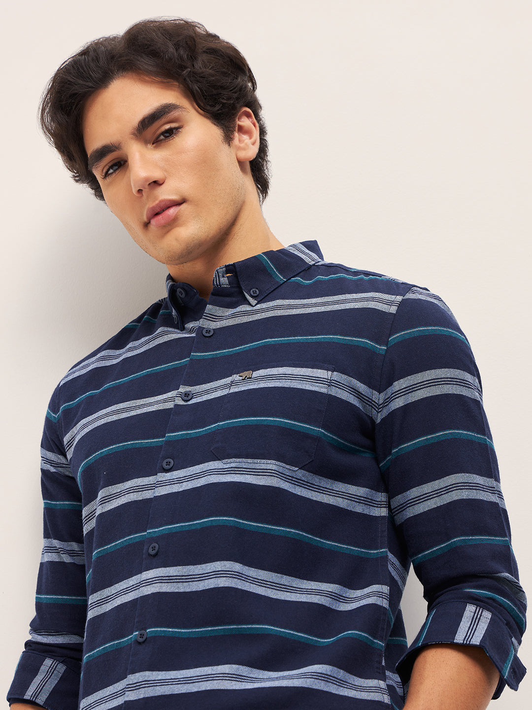 Men Navy Stripe Slim Fit Casual Shirt