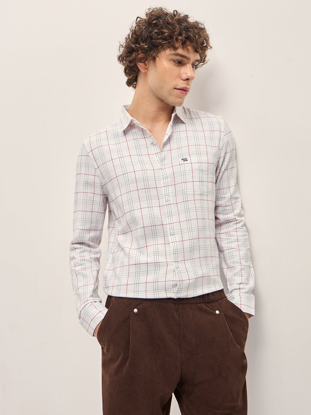 Men White Checked Slim Fit Casual Shirt