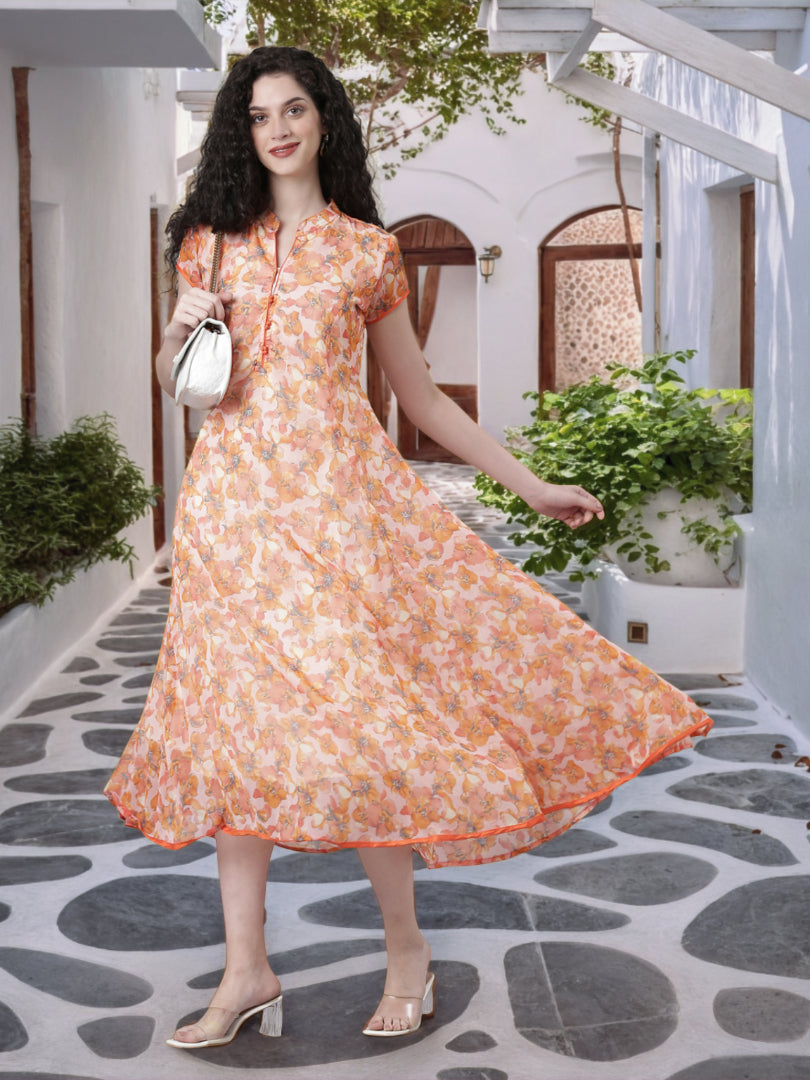 Women Peach Floral Chiffon Dress
