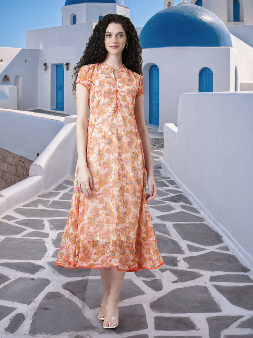 Women Peach Floral Chiffon Dress