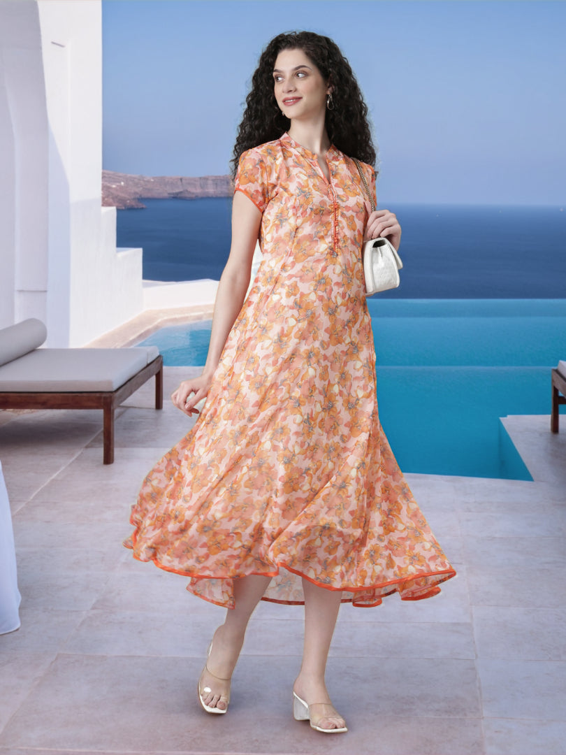Women Peach Floral Chiffon Dress