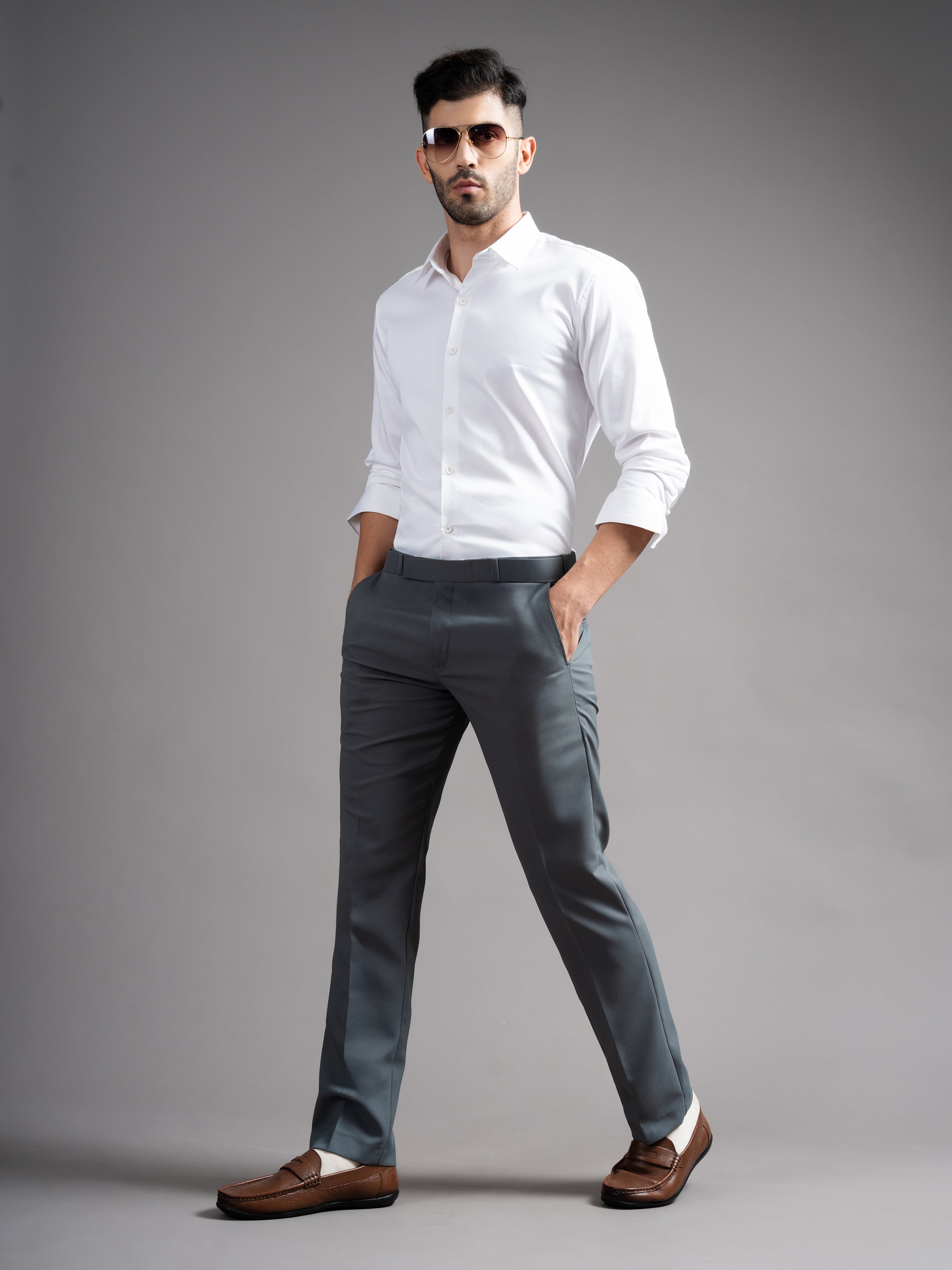 Men Flexi-waist Grey Trouser