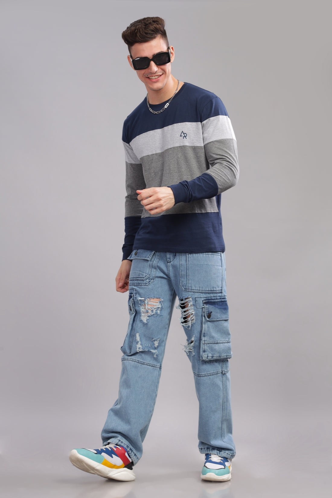 Men Multicolor Colorblock Full Sleeve T-Shirt