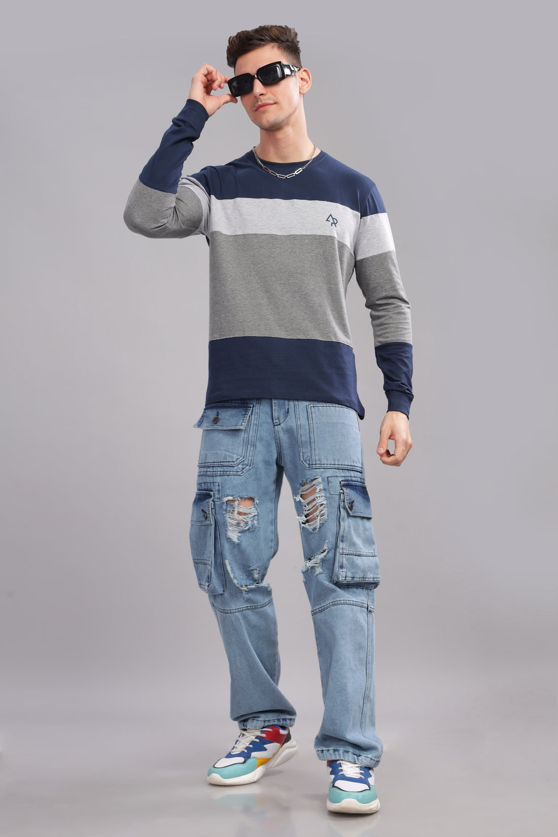 Men Multicolor Colorblock Full Sleeve T-Shirt