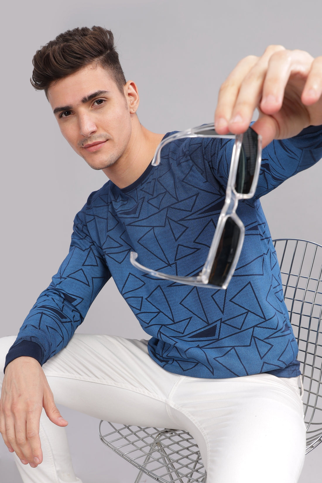 Men Blue Full Sleeve T-Shirt