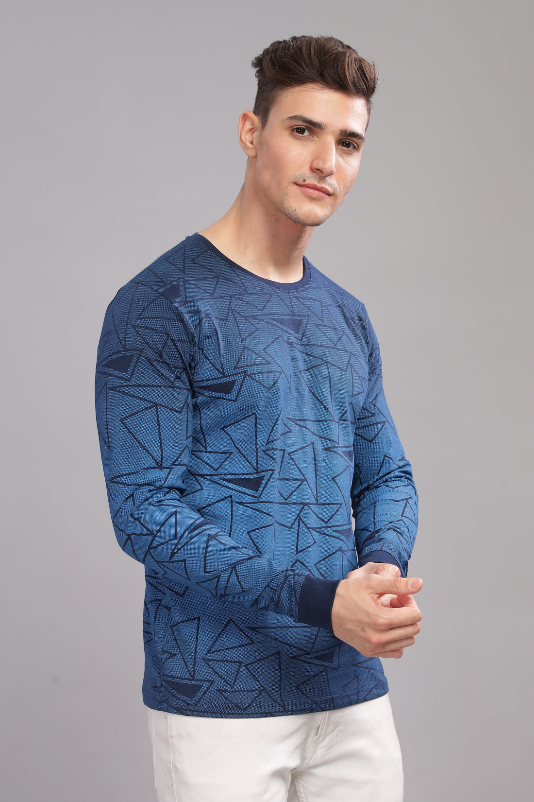 Men Blue Full Sleeve T-Shirt