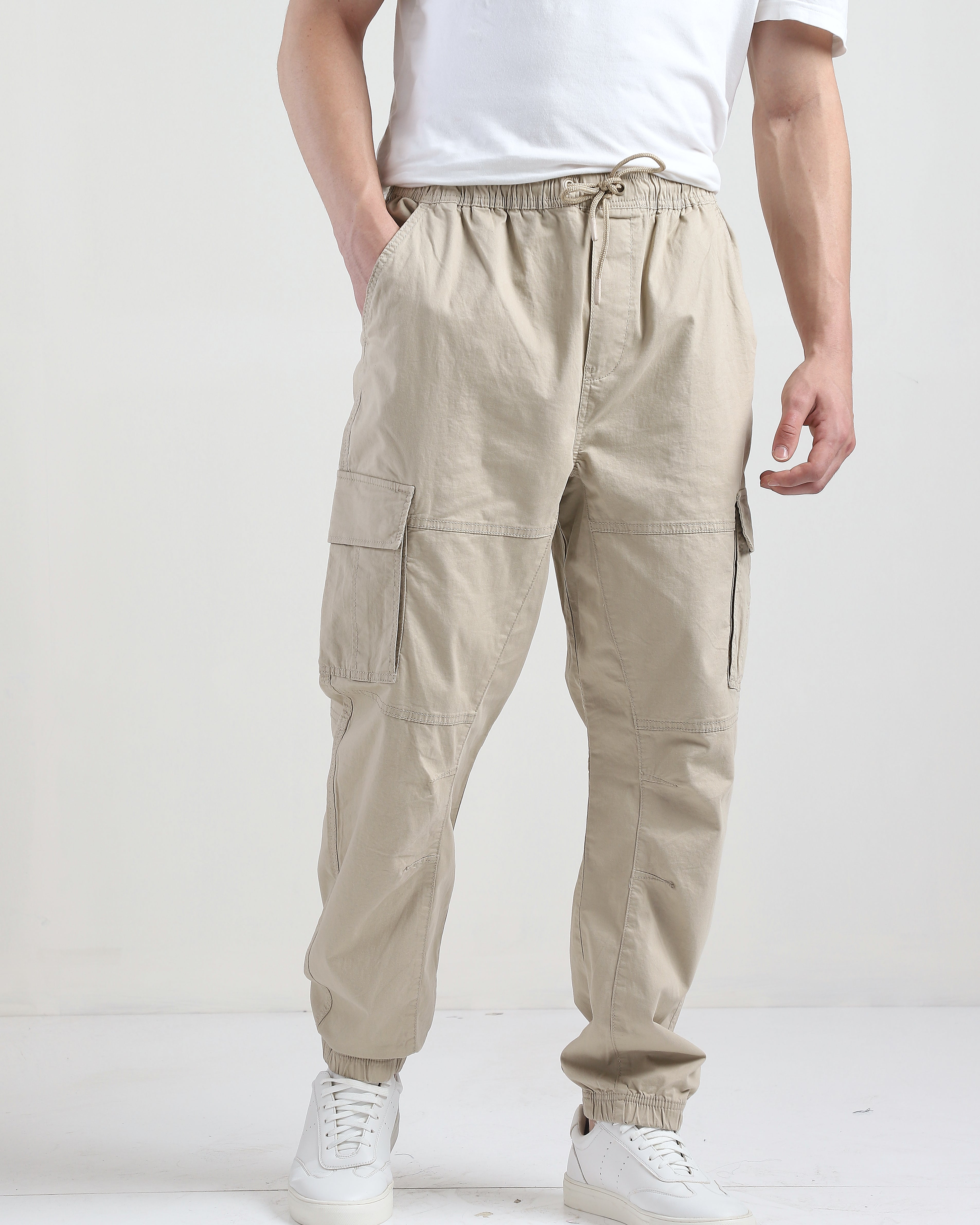 Men Beige Comfort Fit Cargo Jogger Pants