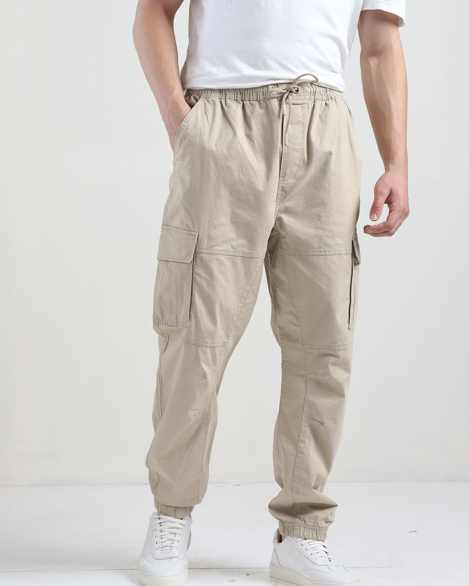 Men Beige Comfort Fit Cargo Jogger Pants