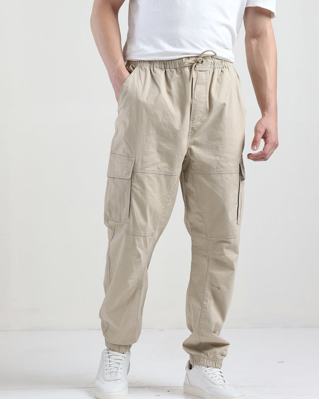 Men Beige Cotton Blend Cargo Jogger Pants