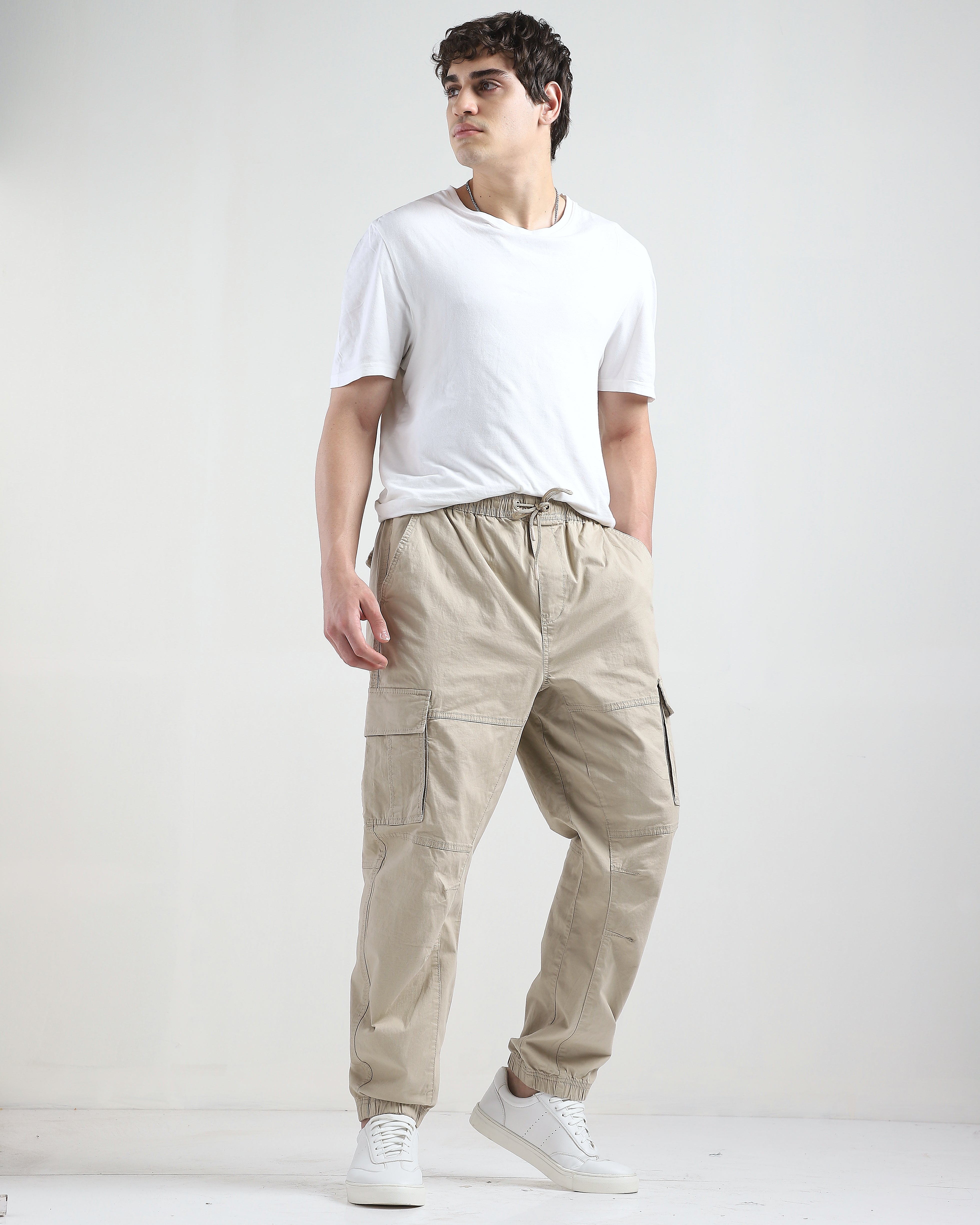 Men Beige Comfort Fit Cargo Jogger Pants