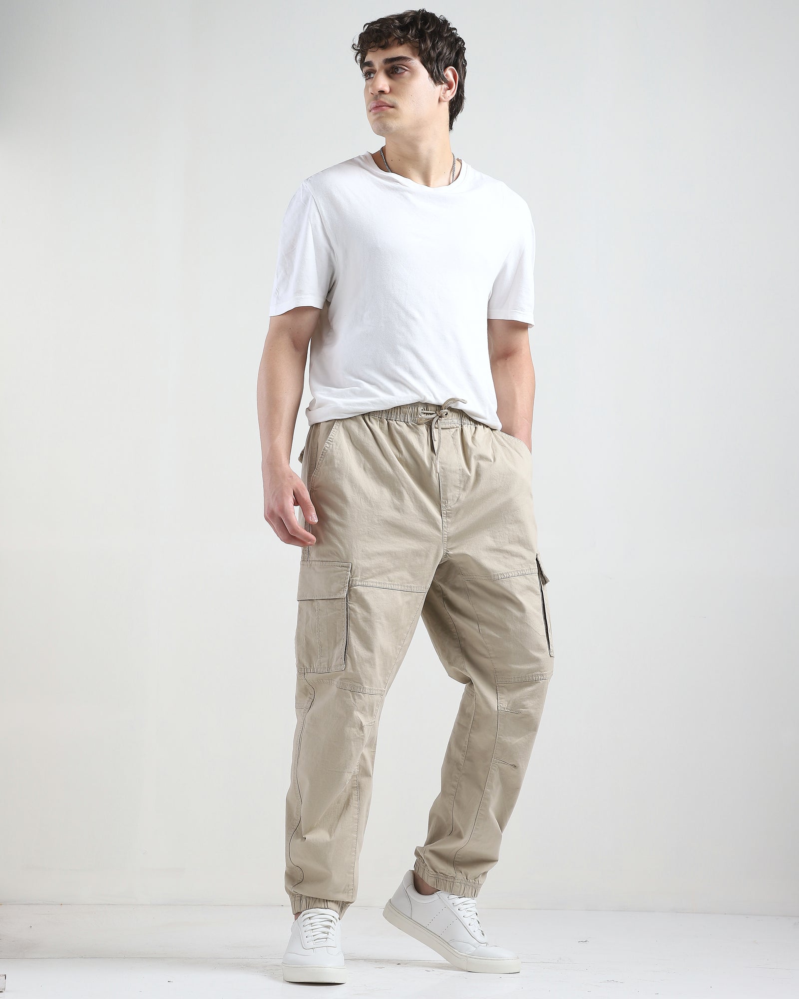 Men Beige Comfort Fit Cargo Jogger Pants