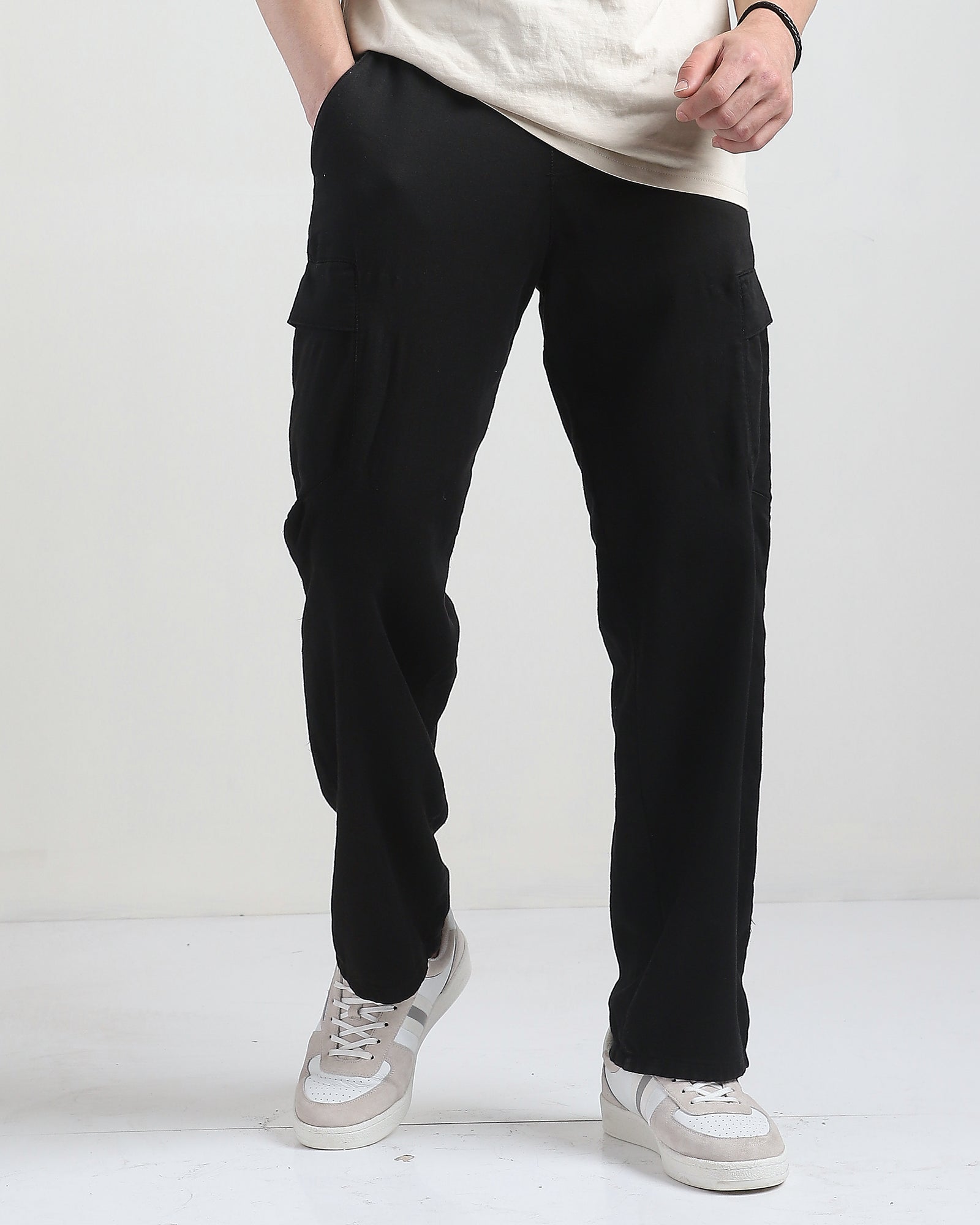 Men Black Cotton Blend Cargo Pants with 6 Pockets