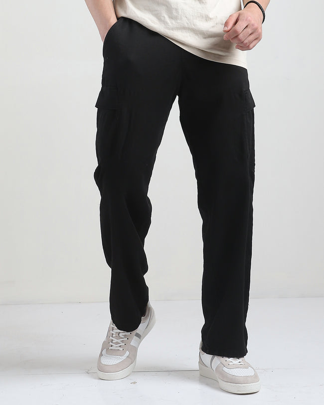 Men Black Cotton Blend Cargo Pants with 6 Pockets