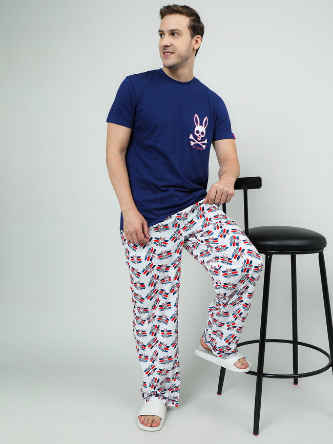 Men Oversized Blue Cotton Checkered Knit Lounge Pants