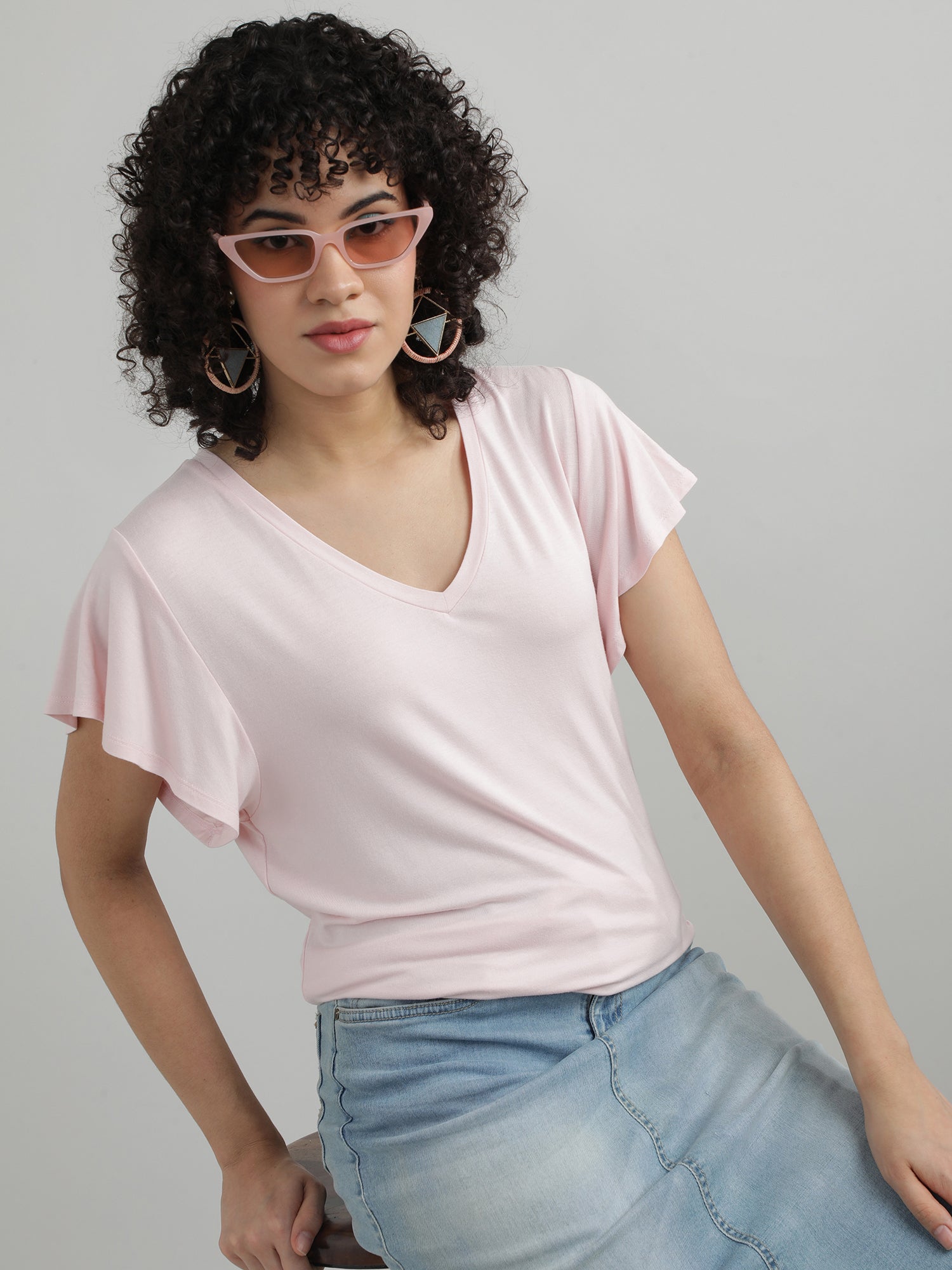 Women Peach V Neck T shirt