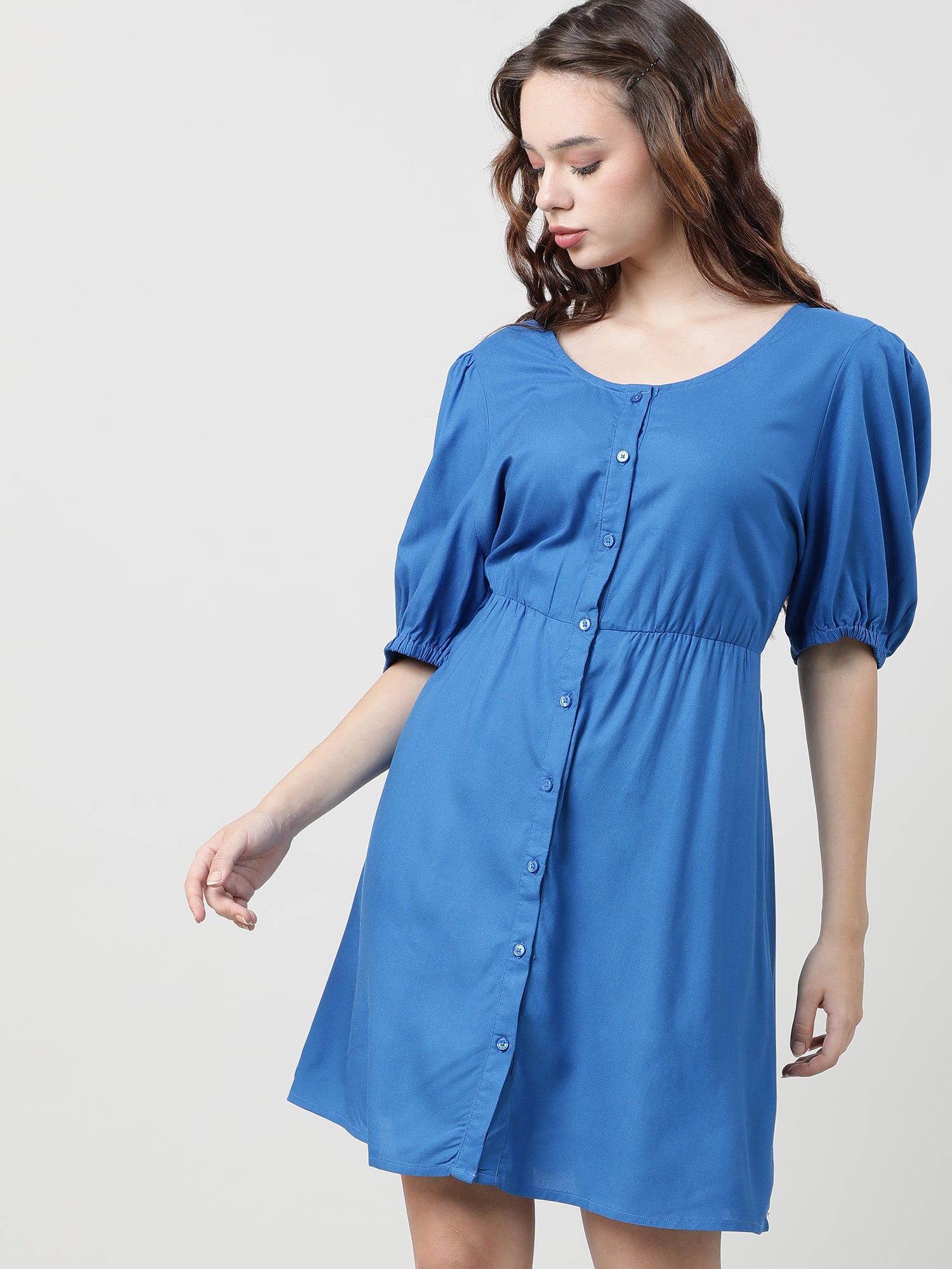 Women Viscose Solid Blue Dress