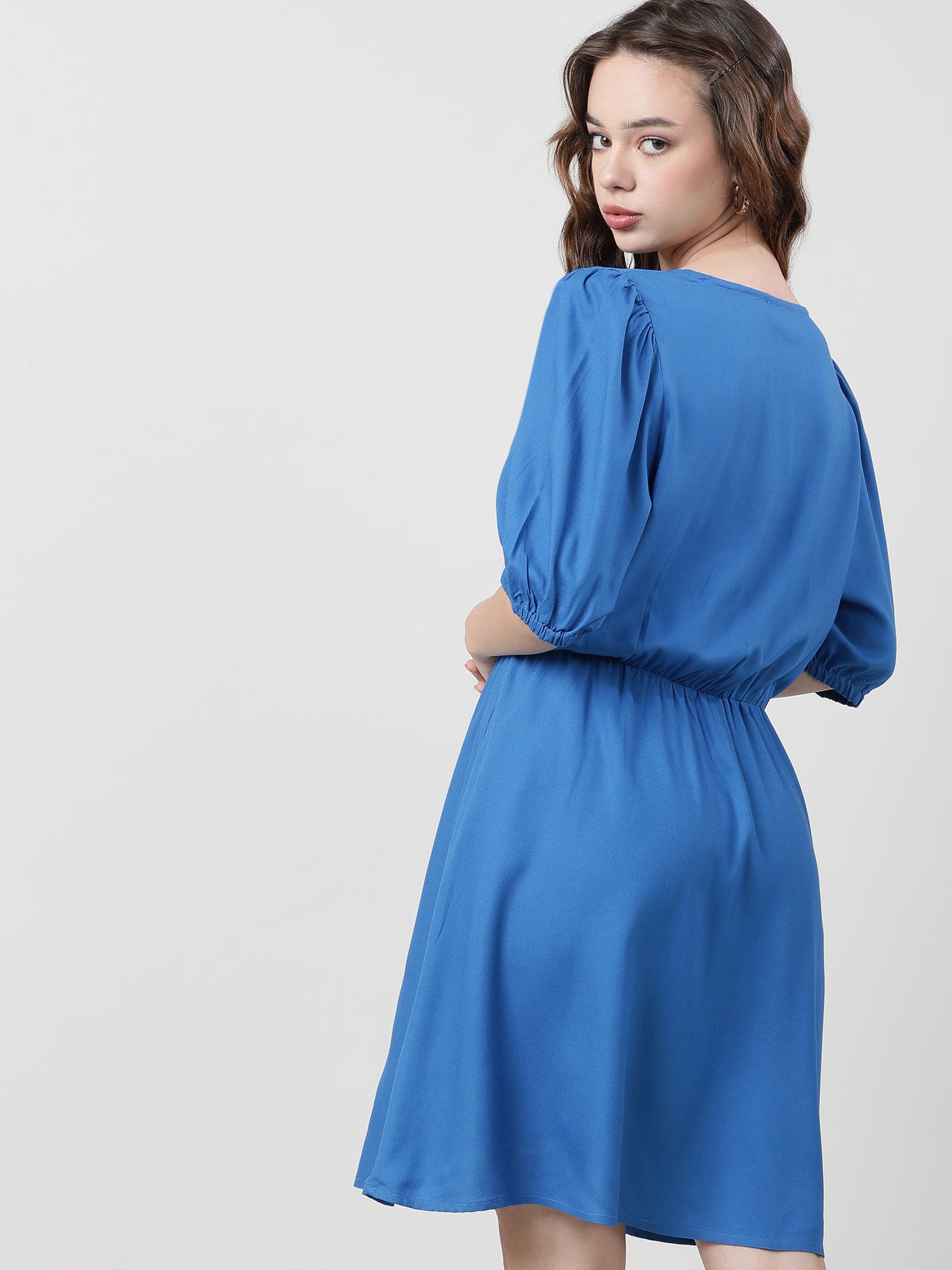 Women Viscose Solid Blue Dress