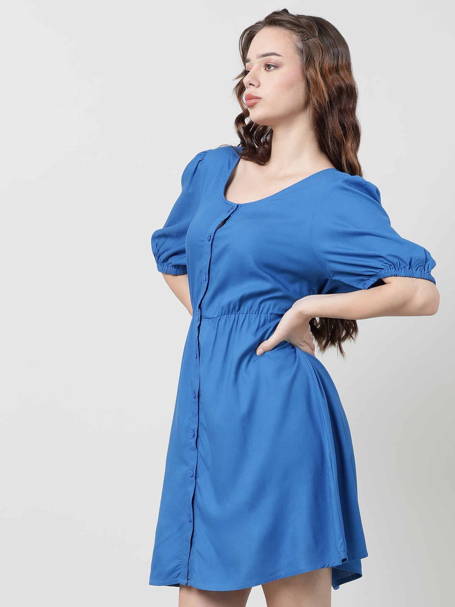 Women Viscose Solid Blue Dress