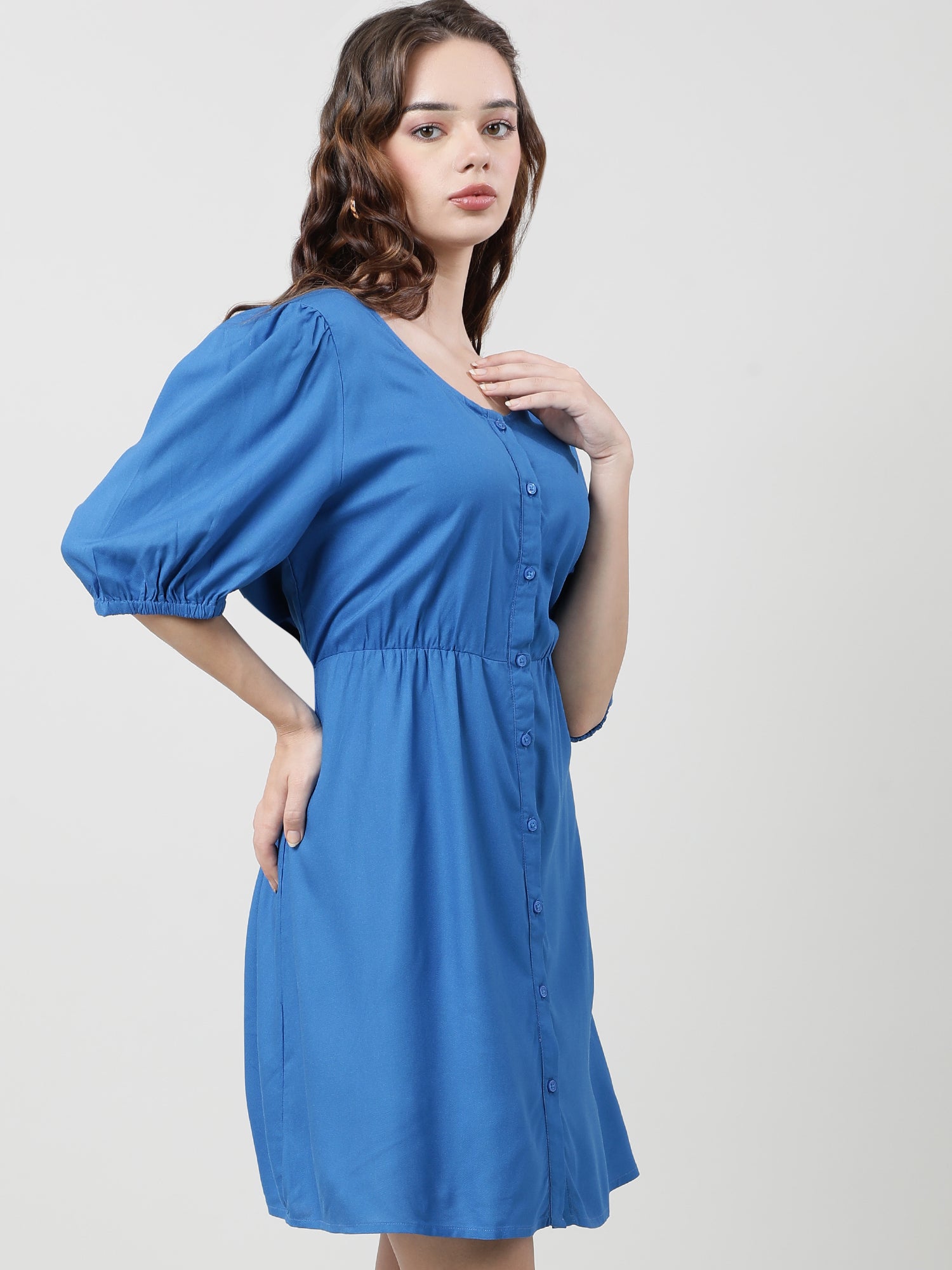 Women Viscose Solid Blue Dress