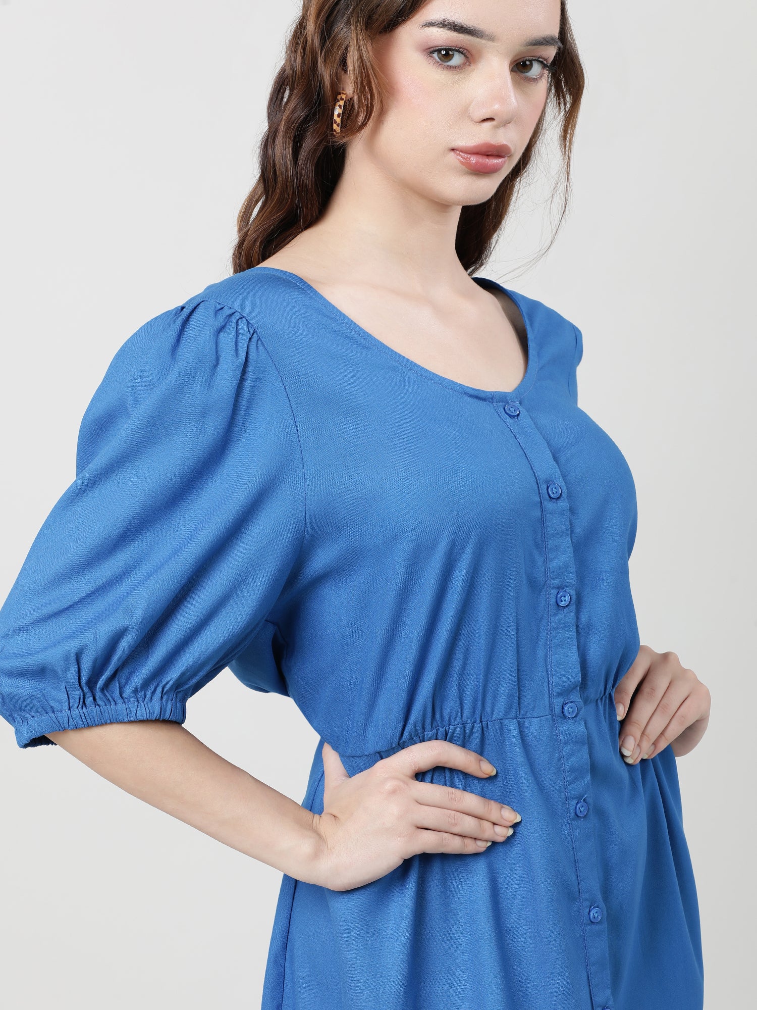 Women Viscose Solid Blue Dress