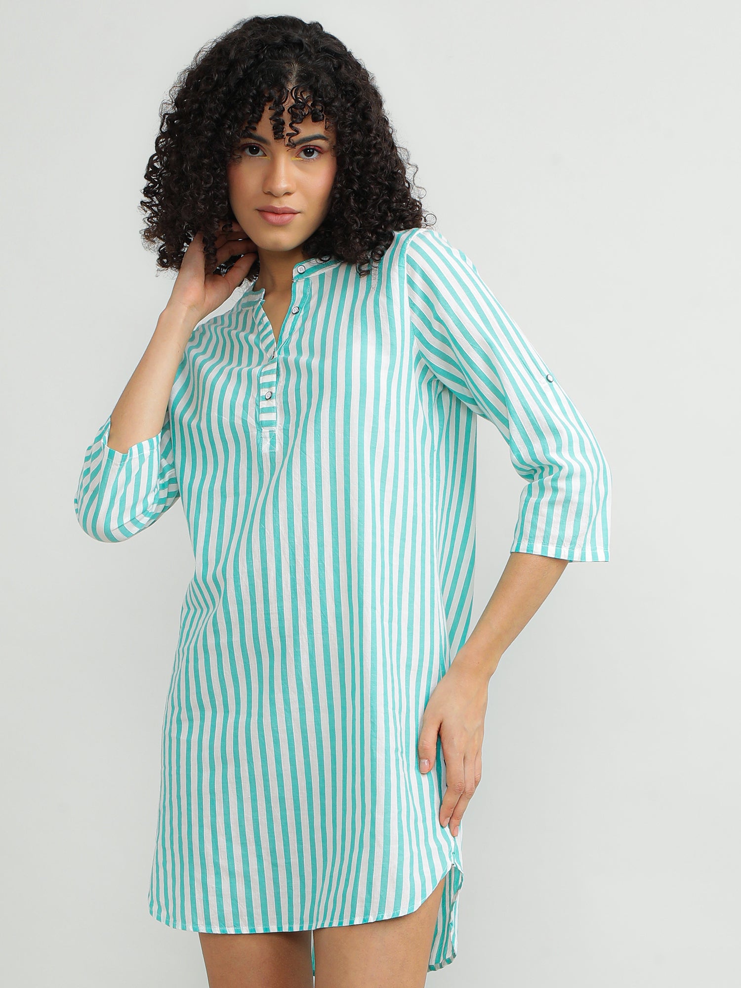 Women Cotton Green Stripe Dress