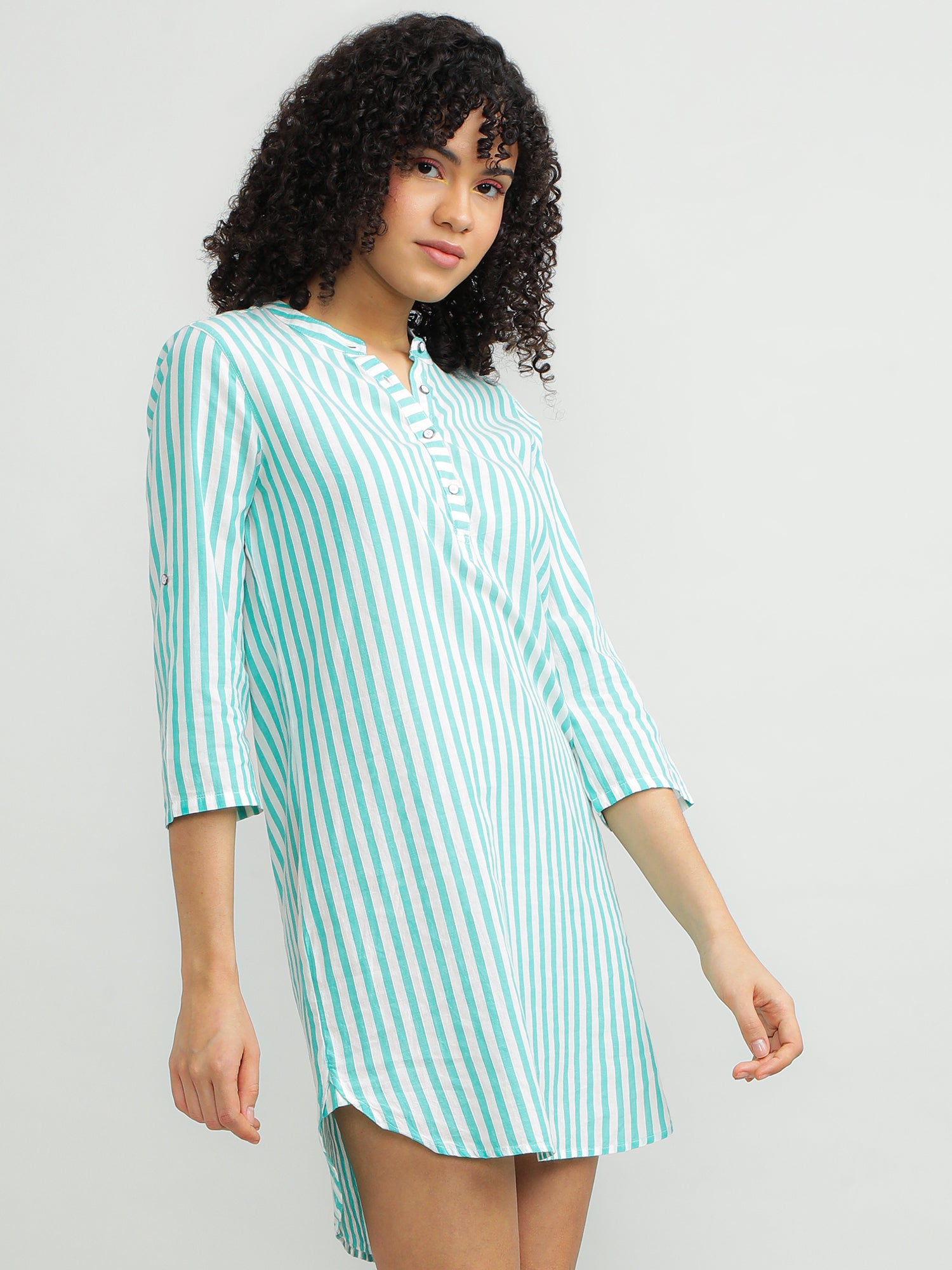 Women Cotton Green Stripe Dress