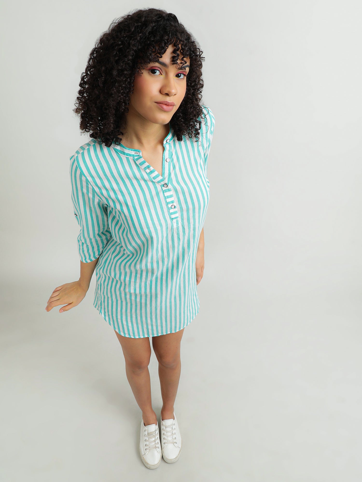 Women Cotton Green Stripe Dress