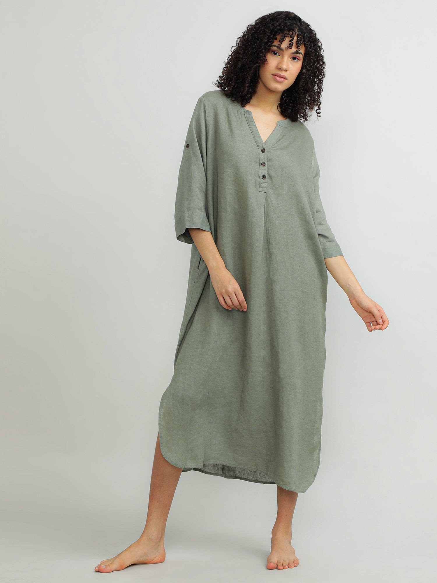 Women Linen Green Breezy Dress