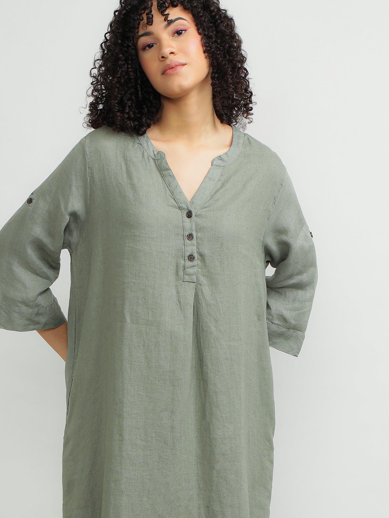 Women Linen Green Breezy Dress