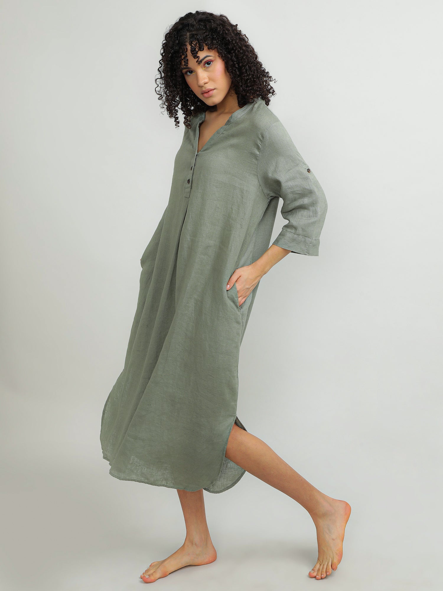 Women Linen Green Breezy Dress