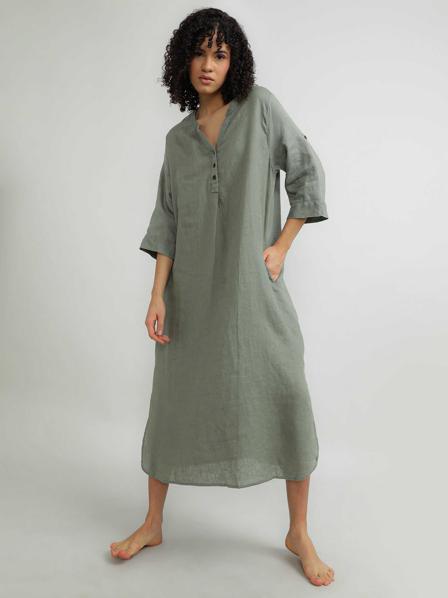 Women Linen Green Breezy Dress