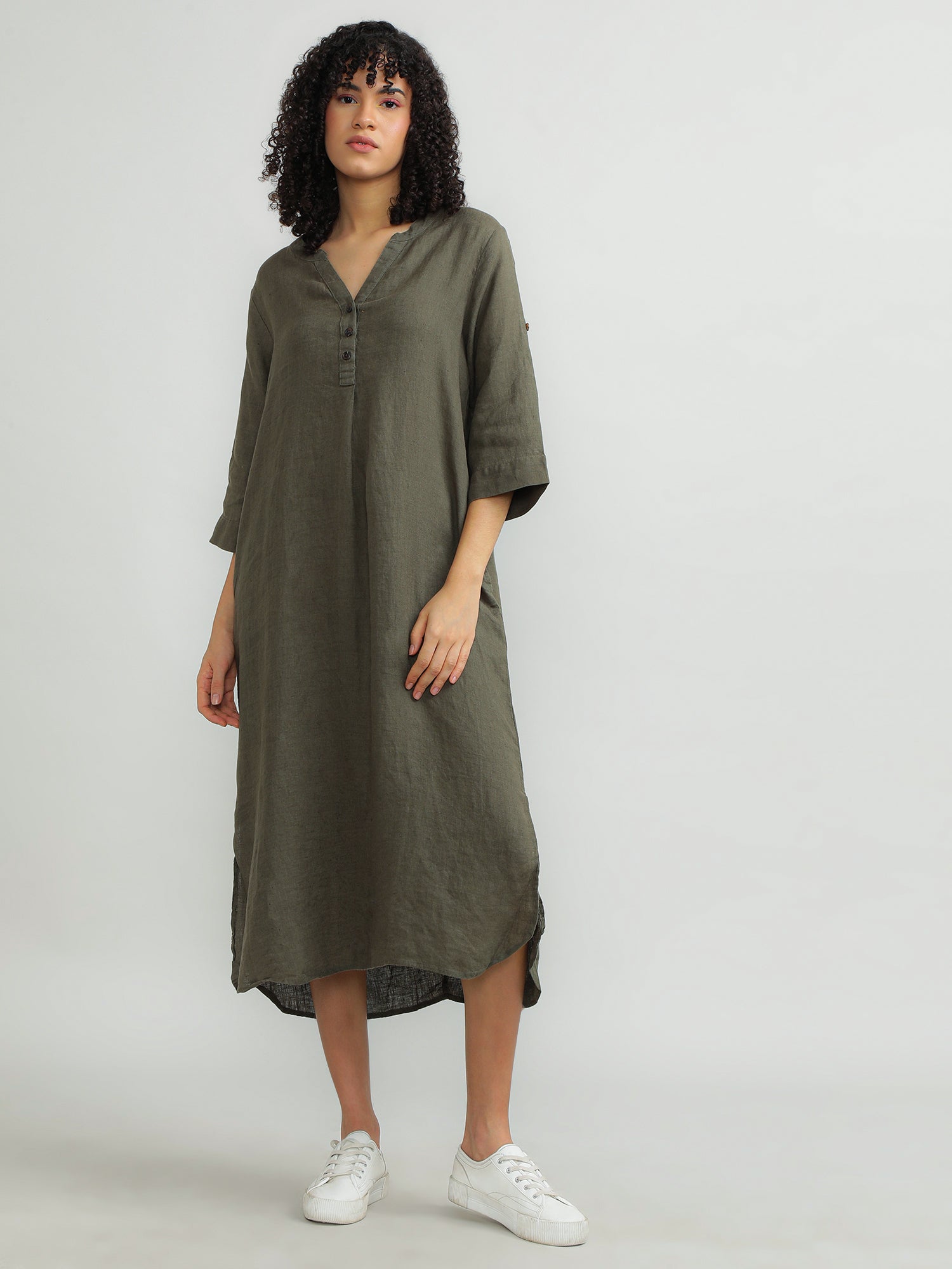 Women Linen Olive Relaxed Dress