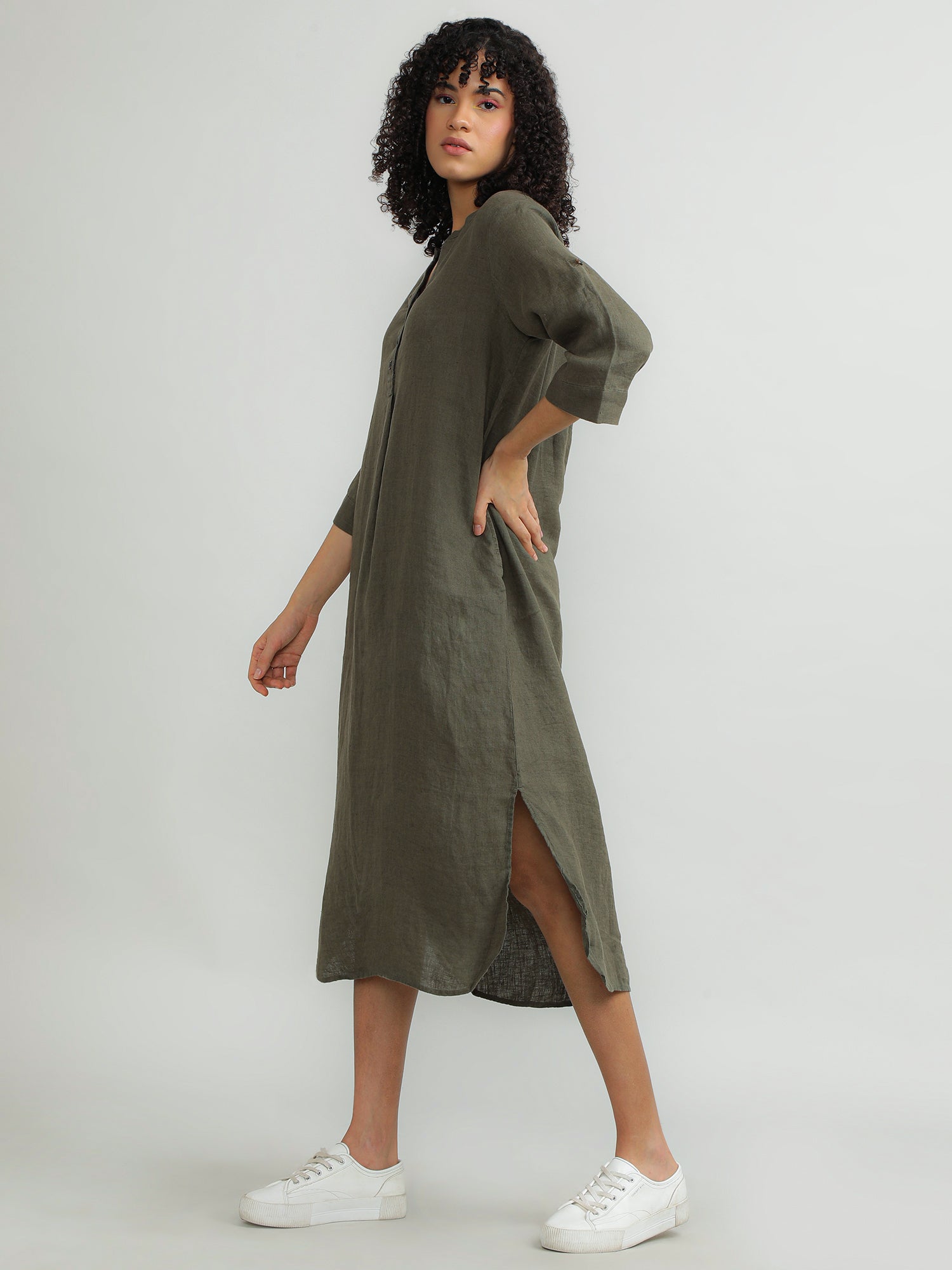 Women Linen Olive Relaxed Dress